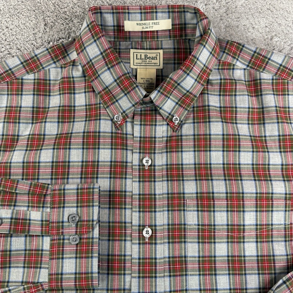 L.L. Bean Wrinkle Free Shirt Mens Large Plaid Slim Fit‎ Button Down 100% Cotton